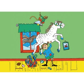 Vykort - Pippi lyfter Lilla gubben